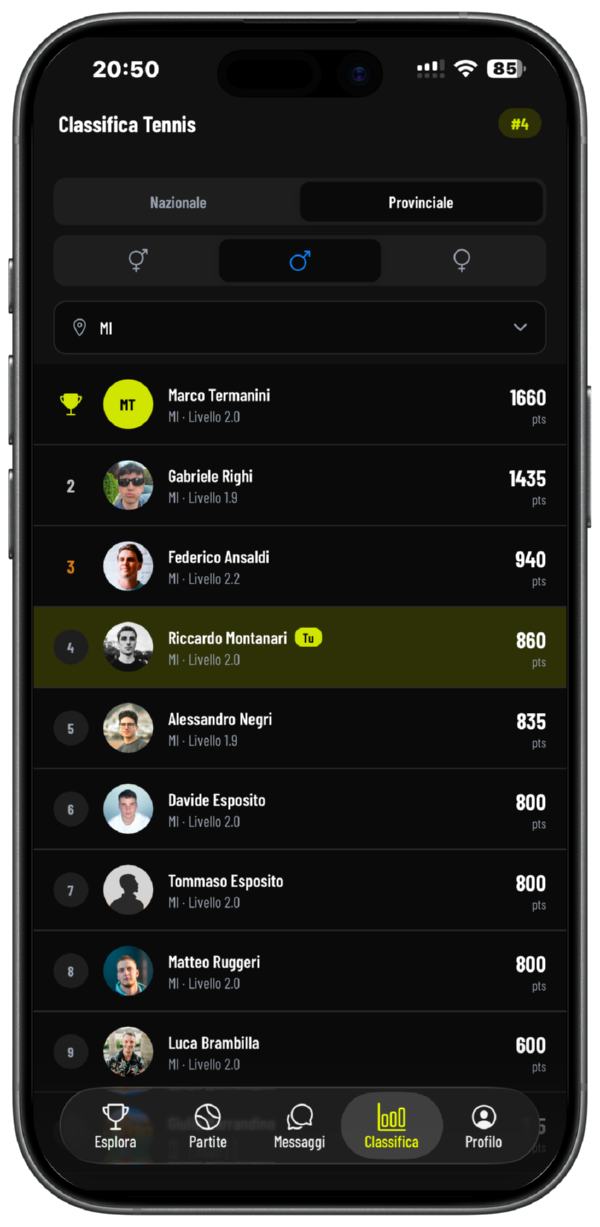 Schermata Classifica dell'app Deuce: la classifica provinciale di tennis